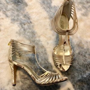 Vince Camuto gold snakeskin heels